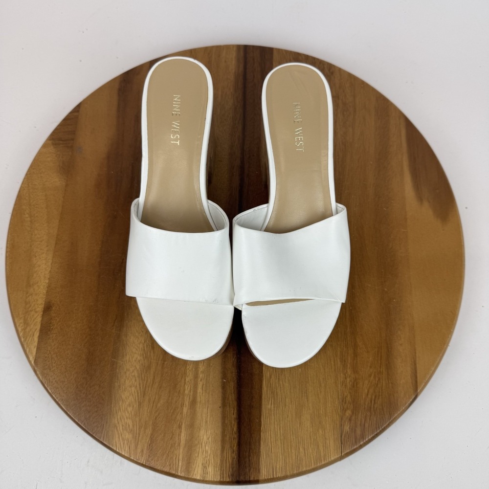Womens Nine West Barta White Faux Leather Cork Platform Slide Sandals Size 9.5 M